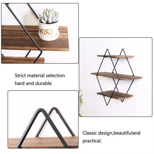3‑Tier Floating Wall Shelf – Wooden & Black Metal Frame Display Unit